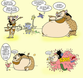 anthro belly big_belly big_breasts breasts brown_body brown_fur bursting explosion female fur gore group huge_belly overweight popping simple_background speech_bubble text weight_gain agouti-rex hyena mammal 2011 english_text