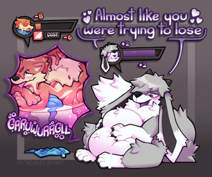 abdominal_bulge ambiguous_gender anthro blue_penis dialogue digestion gameplay_mechanics genitals gui health_bar heart_symbol internal male male/ambiguous melting penis rumbling_stomach text vore flipyart nintendo pokemon buizel eevee generation_1_pokemon generation_4_pokemon mammal pokemon_(species) digital_media_(artwork) english_text