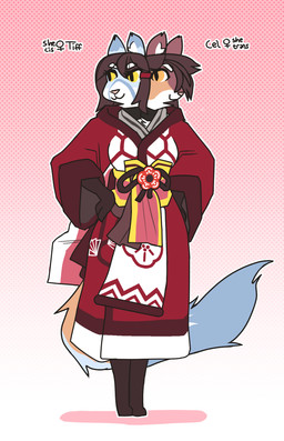2_heads anthro asian_clothing blue_body blue_fur brown_hair clothed clothing conjoined dotted_background east_asian_clothing female fluffy fluffy_tail fur gradient_background hair hands_on_hips japanese_clothing kimono merging multi_head orange_body orange_fur pattern_background simple_background standing tail lavenderstars celestine_(lavenderstars) tiffany_(lavenderstars) canid canine fox mammal hi_res