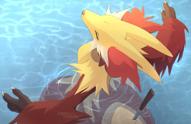 anthro black_hands blue_eyes breasts cheek_tuft claws facial_tuft female female_anthro fur high-angle_view medium_breasts partially_submerged red_body red_fur solo standing stick tuft yellow_body yellow_fur bappywaruda nintendo pokemon delphox generation_6_pokemon pokemon_(species) hi_res