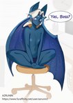 anthro blush clothing computer electronics front_view looking_at_viewer male nipples office shirtless sitting smile solo text underwear wings azrunin nightswing bat mammal spacebat 2023 english_text hi_res url