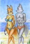 anthro beach bikini canon_couple clothing eyebrow_piercing eyewear facial_piercing female hand_holding male nipples piercing seaside solo speedo sunglasses swimwear two-piece_swimsuit sinaherib dreamworks the_bad_guys diane_foxington mr._wolf_(the_bad_guys) canid canine canis fox mammal wolf absurd_res hi_res traditional_media_(artwork)