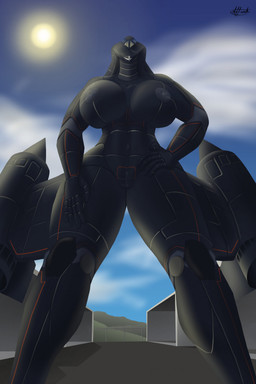 aircraft anthro big_breasts breasts female genitals hand_on_hip looking_at_viewer low-angle_view machine nipples sky solo sun thick_thighs vehicle vulva affront lockheed_martin sr-71_blackbird aeromorph living_aircraft living_machine living_vehicle hi_res signature
