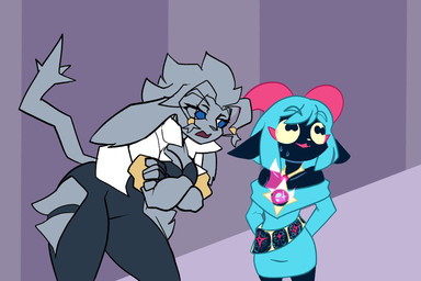 anthro black_body black_clothing black_fur blue_sclera bodily_fluids clothing collar crossed_arms duo female fur gold_(metal) gold_jewelry grey_body grey_fur hair horizontal_pupils horn jewelry nervous nervous_look nervous_sweat pattern_background pupils simple_background striped_background sweat tail teal_clothing teal_hair yellow_eyes yinigma pseudoregalia amara_(axedraws) sybil_(pseudoregalia) bovid caprine goat mammal 3:2 hi_res