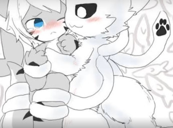 anthro black_sclera blue_eyes blush bodily_fluids chibi duo female fin fur grey_body hair multicolored_body shark_tail tears tentacles white_body white_eyes white_fur white_hair chano changed_(video_game) squid_dog_(changed) tiger_shark_(changed) low_res restricted_palette