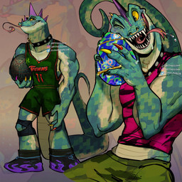 anthro ball basketball_(ball) basketball_uniform bodily_fluids bottomwear clothed clothing collar colored_nails faberge_egg facial_piercing footwear green_body green_bottomwear green_clothing green_eyes green_pants green_scales green_shirt green_shorts green_topwear head_spikes holding_object legband lip_piercing male multicolored_claws multicolored_clothing multicolored_shirt multicolored_topwear multiple_outfits multiple_poses muscular muscular_anthro muscular_male nails neck_piercing nose_piercing nose_ring pants piercing pose purple_spikes ring_piercing roarball_(ball) saliva scales septum_piercing septum_ring shirt shoes shorts smile solo spikes spikes_(anatomy) sportswear studded_collar studs tail tongue tongue_out tongue_piercing topwear uniform yellow_sclera clown_parlor goat_(movie) sony_corporation sony_pictures modo_olachenko komodo_dragon lizard monitor_lizard reptile scalie 1:1 2026 digital_media_(artwork) hi_res