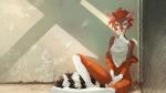 anthro black_eyes breasts clothed clothing detailed_background eyes_everywhere female hair looking_at_viewer markings multicolored_body on_ground orange_hair shirt sitting slim_figure solo striped_markings striped_tail stripes tail tail_markings tank_top text topwear orphen-sirius izzy_(wildering) bassariscus mammal procyonid ring-tailed_cat 16:9 2018 2d_animation animated digital_media_(artwork) english_text short_playtime widescreen