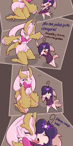 accessory angry anthro bell blush chibi clothing clothing_pull duo female female/female fur hug kissing kneeling loli nipples panties panty_pull pink_body pink_fur ribbons smug sweater tail tail_motion tailwag text topwear underwear underwear_pull yellow_body yellow_eyes yellow_fur young young_anthro young_female backup4now tory_(backup4now) lagomorph leporid mammal rabbit absurd_res hi_res spanish_text