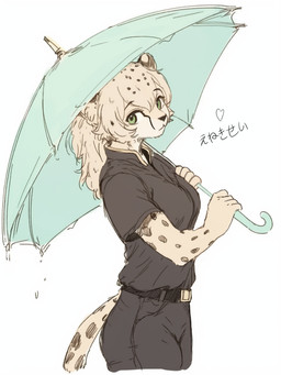 anthro black_bottomwear black_clothing black_shirt black_shorts black_t-shirt black_topwear blonde_hair bottomwear clothing female fur green_eyes green_umbrella hair ponytail shirt shorts side_view simple_background solo t-shirt topwear umbrella yellow_body yellow_fur eneki_sei cheetah felid feline humanoid mammal 3:4 half-length_portrait portrait