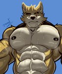 abs anthro barazoku biceps bodily_fluids clothing eyebrows looking_at_viewer male muscular muscular_anthro muscular_male nipples pecs pecs_focus perspective scar shirt shirt_collar simple_background smelly solo sweat sweaty_body topwear white_sclera yellow_body pinumontbalou remember_the_flowers cooper_krager canid canine canis mammal wolf digital_media_(artwork) hi_res