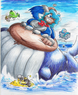 belly big_belly big_breasts blue_body blue_eyes blue_hair blue_sky breasts female group hair huge_belly larger_female macro outside overweight sea simple_background size_difference sky split_form water shar0makai aquatic cetacean humanoid mammal merfolk whale 2019 hi_res traditional_media_(artwork)