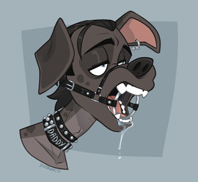anthro bodily_fluids clothing collar drooling ear_piercing ear_ring fangs_bared gag gagged half-closed_eyes male narrowed_eyes piercing ring_gag ring_piercing saliva saliva_string solo studded_collar studs cadaverrdog dutch_(cadaverrdog) bird_dog canid canine canis dalmatian domestic_dog hunting_dog labrador mammal mixed_breed retriever