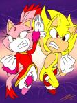 anthro clothing duo female footwear fur pink_body pink_clothing pink_footwear pink_fur pink_shoes red_clothing red_eyes red_footwear red_shoes shoes super_form toony yellow_body yellow_eyes yellow_fur nino5571_(artist) sega sonic_the_hedgehog_(series) blaze_the_cat burning_blaze sonic_the_hedgehog super_sonic domestic_cat eulipotyphlan felid feline felis hedgehog mammal 3:4