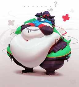 absolute_territory anthro beak belly big_belly big_breasts biped black_beak black_bra black_clothing black_hair black_underwear blue_eyes bottomwear bra breasts clothing countershading cracked_ground cracks deep_navel ellipsis eyeshadow feather_tuft feathers female female_anthro green_body green_feathers hair huge_belly huge_breasts hyper hyper_belly legwear makeup morbidly_obese morbidly_obese_anthro morbidly_obese_female navel non-mammal_breasts obese obese_anthro obese_female overweight overweight_anthro overweight_female questioning_ellipsis red_eyeshadow skirt solo thigh_highs tuft underwear white_body white_countershading white_feathers miluinaoxie carrie_(qweave) avian bird 2023 digital_media_(artwork) digital_painting_(artwork) hi_res painting_(artwork)