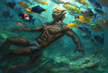 abs anthro claws clothing ear_piercing feral hair looking_up male muscular piercing smile solo swimwear underwater water alsares mythology moss_darke aquatic dragon fish mythological_creature mythological_scalie scalie