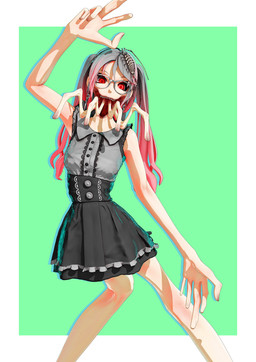 big_hands black_bottomwear black_clothing black_skirt border bottomwear clothing ear_piercing ear_ring eyewear female fingers flesh frilly frilly_clothing gesture glasses gradient_hair green_background grey_clothing grey_hair grey_shirt grey_topwear hair hand_gesture long_fingers long_hair looking_at_viewer not_furry_focus outside_border piercing pink_hair red_eyes ring_piercing shirt simple_background skirt sleeveless_shirt solo teeth topwear twintails_(hairstyle) v_sign wearing_glasses what_has_science_done white_border deino_(artist) deino_(modeler) calne_ca nato-kun arthropod crustacean humanoid isopod malacostracan monster monstrous_humanoid 2025 3d_(artwork) autodesk_3ds_max_(artwork) digital_media_(artwork) hi_res