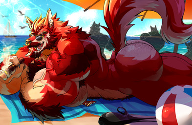 2_penises abs anthro areola arm_hair ball barazoku beach beach_ball beard big_butt big_muscles big_pecs big_penis body_hair butt butt_hair chest_hair chest_tuft cigar daddyfication ear_piercing ear_ring eyewear facial_hair facial_piercing genitals happy_trail huge_butt huge_pecs inflatable looking_at_viewer male multi_genitalia multi_penis muscular muscular_anthro muscular_male mustache nipple_piercing nipples nose_piercing nose_ring nude pecs penis piercing pubes ring_piercing scar solo sunglasses tongue tuft daikitei ren_(daikitei) canid canine canis mammal wolf 2025 absurd_res hi_res