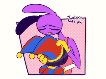 anthro duo female hug jester larger_male male simple_background size_difference text white_background whygena glitch_productions the_amazing_digital_circus jax_(tadc) pomni_(tadc) human lagomorph leporid mammal rabbit 4:3 english_text hi_res