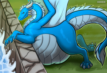 abdominal_bulge belly big_belly blue_body blue_hair blue_scales female feral hair horn huge_belly leaning_on_wall obese obese_female obese_feral overweight overweight_female overweight_feral scales solo vore water wings yellow_eyes roobin mythology dragon mythological_creature mythological_scalie scalie