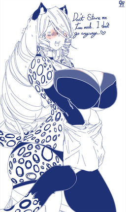 anthro big_breasts blush breasts clothing dialogue female huge_breasts legwear looking_at_viewer nipple_outline solo text thigh_highs underwear wide_hips opqhlak felid feline mammal blue_theme character_request english_text hi_res