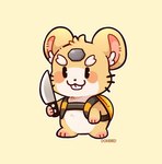 anthro backpack backpack_only blush buckteeth chibi inner_ear_fluff knife male multicolored_body simple_background simple_eyes solo teeth tuft weapon whiskers dokibird_(artist) hammond_(overwatch) cricetid hamster mammal rodent 2019 artist_name digital_drawing_(artwork) digital_media_(artwork)