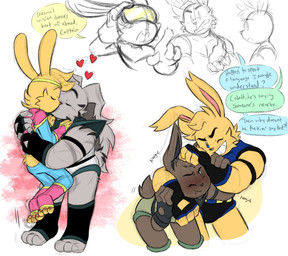 anthro biceps blush clothing crown eyewear goggles group headgear kissing leotard long_ears male male/male muscular muscular_anthro muscular_male noogie overweight pecs prince profanity royalty text tiara toastyraincloud lagomorph leporid mammal rabbit english_text hi_res