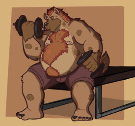 anthro belly bottomwear brown_body clothing dumbbell exercise humanoid_hands male moobs nipples overweight overweight_male shorts sitting solo weightlifting weights workout dippubear crew_(dippubear) hyena mammal spotted_hyena 2019 hi_res