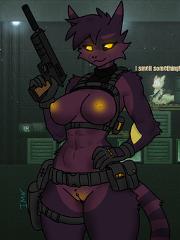anthro black_clothing breasts clothing female fin fluffy genitals gloves glowing glowing_eyes gun hair handgun handwear markings muscular muscular_anthro muscular_arms muscular_female muscular_torso nipples pistol pouch_(clothing) purple_body purple_hair ranged_weapon shadow solo standing striped_markings striped_tail stripes tactical_gear tail tail_markings vulva weapon yellow_eyes yellow_fin yellow_nipples yellow_vulva immaxness casualties:_unknown gunsaw domestic_cat felid feline felis gunsawian mammal orange_(gunsawian) voyager_(gunsawian) 3:4