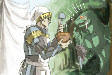 apron blush bodily_fluids bowl clothed clothing container drooling duo food green_body green_skin kitchen_utensils ladle male saliva spikes tools konami yu-gi-oh! gagagigo marauding_captain duel_monster human lizard mammal reptile scalie low_res