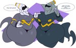 2022 5_fingers belly breasts desire_(dewwydarts) dewwydarts dialogue duo dusknoir english_text eyeless featureless_breasts featureless_crotch female fingers floating generation_4_pokemon grey_body hi_res huge_hips huge_thighs markings mouthless nintendo overweight pokemon pokemon_(species) simple_background slightly_chubby slightly_chubby_female speech_bubble text thick_thighs wide_hips yellow_markings