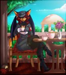 anthro black_body black_fur breasts brown_body brown_fur brown_hair container cup detailed_background female fur hair holding_object multicolored_body multicolored_fur nazi nazi_uniform open_mouth open_smile red_eyes sitting smile solo two_tone_body two_tone_fur wings ariveil bat mammal hi_res