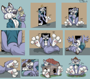 3_toes 4_fingers anthro biped black_nose blue_clothing blue_shirt blue_topwear body_size_growth bottomless bottomless_anthro bottomless_male building building_destruction burrito cheek_bulge claws clenched_teeth clothed clothed_anthro clothed_male clothing countershade_face countershade_feet countershade_fur countershade_torso countershading destruction dipstick_ears doorway ear_markings ear_piercing ear_ring ear_stud eating exclamation_point eyebrows fangs featureless_crotch feet finger_claws fingers food fur grey_body grey_fur growth holding_food holding_object house humanoid_hands inner_ear_fluff inside lying macro macro_anthro macro_male male male_anthro monotone_tail multicolored_body multicolored_ears multicolored_fur on_back on_side onomatopoeia open_clothing open_shirt open_topwear outside pawpads piercing pink_pawpads plantigrade ring_piercing rolled_up_sleeves shirt simple_background sitting sitting_on_ground size_transformation solo sound_effects standing tail teeth text toe_claws toes toony topwear transformation tuft walking white_body white_claws white_countershading white_eyebrows white_finger_claws white_fur white_inner_ear white_toe_claws teaselbone teaselbone_(character) canid canine canis mammal wolf 2020 comic digital_drawing_(artwork) digital_media_(artwork) english_text hi_res shaded signature