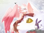 ambiguous_gender armwear breast_squish breasts clothing detached_sleeves eyes_closed fangs feathered_wings feathers female group hair hug multicolored_hair open_mouth pink_hair pupils slit_pupils squish teeth white_hair wings yellow_eyes hazuki_gean pixiv_fantasia pixiv_fantasia_3 cararina avian bird domestic_cat felid feline felis mammal 4:3 wallpaper