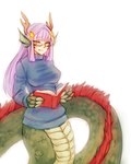 big_breasts book breasts clothing female hair hime_cut monster_girl_(genre) prehensile_tail reading reading_book simple_background smile solo tail monorus asian_mythology east_asian_mythology monster_girl_encyclopedia mythology ryu_(mge) animal_humanoid dragon dragon_humanoid eastern_dragon eastern_dragon_humanoid humanoid mammal mammal_humanoid mythological_creature mythological_scalie scalie hi_res portrait three-quarter_portrait