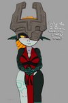 2021 absurd_res clasped_hands clothed clothing cranihum embarrassed english_text female grey_background hi_res humanoid humanoid_pointy_ears imp looking_aside midna nintendo not_furry simple_background snaggle_tooth solo text the_legend_of_zelda twili twilight_princess wide_hips yellow_sclera