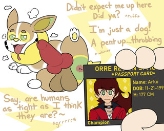 after_transformation ambiguous_gender animal_genitalia animal_penis anus balls big_balls big_penis bodily_fluids canine_genitalia canine_penis choker clothing drooling duo erection facial_markings feral feral_focus freckles fur genitals green_eyes green_sclera growling hair head_markings id_card implied_transformation jewelry knot knotted_penis looking_at_viewer male male_feral male_focus markings multicolored_body multicolored_fur neck_tuft necklace offscreen_character onomatopoeia open_mouth penis red_hair saliva solo_focus sound_effects sparkles sparkling_eyes spread_legs spreading suit text tongue tongue_out transformation tuft unaware_transformation whining yellow_nose nanozapz nintendo pokemon canid canine generation_8_pokemon human mammal pokemon_(species) yamper english_text hi_res