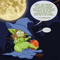 after_transformation big_breasts blue_clothing blue_eyes blue_hat blue_headwear blush breasts brown_clothing brown_footwear brown_hair brown_shoes candy clothes_falling_off clothing dessert female food footwear green_body green_skin hair hat headgear headwear holding_object holding_rock holidays jack-o'-lantern moon pivoted_ears pointy_ears pregnant pregnant_female pregnant_humanoid sharp_teeth shoes shortstack solo teeth text thick_thighs transformation transformation_through_magic trick-or-treating witch_hat witch_hat_only mentalcrash halloween goblin humanoid 1:1 english_text hi_res
