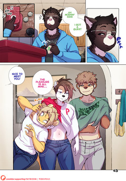 anthro appliance blue_bottomwear blue_clothing blue_jeans blue_pants bottomwear brown_body brown_fur brown_hair bulge chokehold clothing coffee_machine denim denim_bottomwear denim_clothing dialogue dressing emanata eyewear fridge fur glasses green_clothing green_shirt green_topwear grey_bottomwear grey_clothing grey_pants group hair jeans kitchen kitchen_appliance licking licking_lips licking_own_lips male onomatopoeia pants pink_nose red_clothing red_shirt red_topwear shirt smile smirk sound_effects speech_bubble sweatpants tail text tongue tongue_out topwear white_body white_clothing white_eyewear white_fur white_glasses white_shirt white_topwear tokifuji adrian_iliovici milo_stefferson canid canine felid fox lion mammal mustelid otter pantherine 2026 comic english_text hi_res