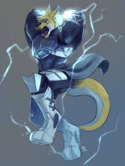 action_pose anthro black_eyebrows black_nose clothed clothing electricity eyebrows fur jumping magic_user male male_anthro open_mouth pose red_tongue solo superhero tail tongue white_body white_ears white_fur white_tail yellow_body yellow_ears yellow_fur yellow_tail solaxe_(artist) bungie destiny_(series) solaxe kangaroo macropod mammal marsupial 3:4