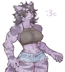 abs anthro big_breasts biped black_hair bottomwear breasts clothing crop_top denim denim_bottomwear denim_clothing denim_shorts female fur hair inner_ear_fluff long_hair looking_at_viewer muscular muscular_anthro muscular_female nipple_outline purple_body purple_fur shirt shorts simple_background smile solo standing topwear tuft white_background yellow_eyes cerebropodrido domestic_cat felid feline felis mammal 2023 digital_drawing_(artwork) digital_media_(artwork) hi_res portrait three-quarter_portrait