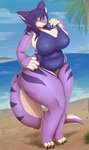 amber_eyes anthro beach big_breasts big_butt breasts butt claws clothing cloud day female fur hair huge_breasts huge_butt looking_at_viewer one-piece_swimsuit outside overweight purple_body purple_fur purple_hair sand seaside solo standing swimwear water wide_hips harnny tsukiyo mammal hi_res