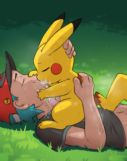 baseball_cap bestiality bodily_fluids body_hair clothing cum cum_kiss cum_on_face cum_string duo erection feral fur genital_fluids genitals grass hair hand_on_head hat headgear headwear human_on_feral interspecies kissing lying male male/male navel penis plant pokephilia size_difference snowballing sweat tail teal_hair yellow_body yellow_fur koboldklaws nintendo pokemon generation_1_pokemon human mammal pikachu pokemon_(species) 2026 absurd_res hi_res