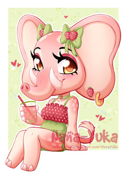 anthro beverage blush bow_(feature) bow_accessory brown_eyes chibi clothed clothing collar dress ear_bow ear_piercing ear_ring female heart_symbol holding_beverage holding_object looking_at_viewer piercing pink_body ring_piercing simple_background sitting smile solo tail tail_tuft text tuft tusks nana-yuka elephant elephantid mammal proboscidean absurd_res artist_name digital_media_(artwork) hi_res shaded url