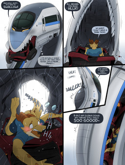 anthro anthro_prey black_internal blue_stripes brown_horn car dialogue duo eyewear female female_pred feral feral_pred glasses head_first horn machine male male_prey neck_bulge oral_vore simple_background speech_bubble stripes swallowing talking_feral tan_arms tan_body tan_legs text train vehicle vore white_background white_body window dolphinproject kobold living_machine living_train living_vehicle scalie 2026 english_text hi_res