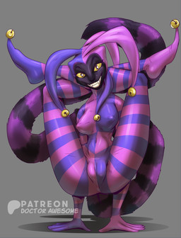 bell bodysuit breasts camel_toe clothing clown contortionism female flexible form_fitting genitals grin grinning_at_viewer jester jingle_bell pin-up_poster pose pretzel_position skinsuit smile smiling_at_viewer spread_legs spreading standing_on_hands tight_clothing vulva harlequinn lemur mammal primate strepsirrhine absurd_res hi_res pinup