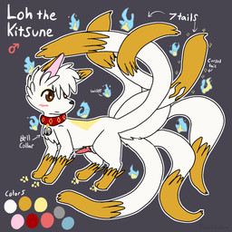 7_tails all_fours bell bell_collar black_nose blush bodily_fluids brown_eyes collar collar_only color_swatch cum diamond_(marking) digitigrade dipstick_tail directional_arrow erection feral footprint foxfire gender_symbol genital_fluids genitals gloves_(marking) grey_background leaking_cum male male_feral male_symbol markings multi_tail nude orange_markings pawprint penis pink_inner_ear quadruped side_view simple_background solo sparkles standing stated_gender symbol tail tail_markings text white_body fabledfeeling loh_(lohlite) canid canine fox mammal 1:1 2022 character_name colored english_text hi_res model_sheet story story_in_description