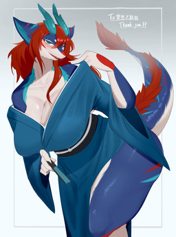 anthro big_breasts blush breasts clothed clothing female fingers fur hair horn looking_at_viewer simple_background solo tail thick_thighs akchi mythology dragon mythological_creature mythological_scalie scalie hi_res
