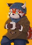 anthro bottomwear clothing container cup cute_fangs fangs hat headgear headwear humanoid_hands mug pants red_body scarf simple_background sitting solo sweater teeth topwear t-ryu lifewonders tokyo_afterschool_summoners zhurong_(tas) ailurid mammal red_panda 2023 absurd_res hi_res