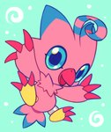 beak blue_background blue_eyes blue_markings claws feather_tuft feathers featureless_crotch female front_view happy markings open_mouth pink_body pink_feathers red_beak red_claws ring simple_background solo spread_legs spreading tail toe_claws tuft extyrannomon_(artist) bandai_namco digimon avian biyomon digimon_(species)