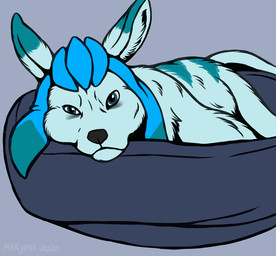 ambiguous_gender blue_body blue_eyes blue_fur eye_bags feral fur grey_background grumpy looking_at_viewer lying on_side pet_bed simple_background solo tired tired_eyes marjani nintendo pokemon eeveelution generation_4_pokemon glaceon pokemon_(species) 2020 digital_media_(artwork)
